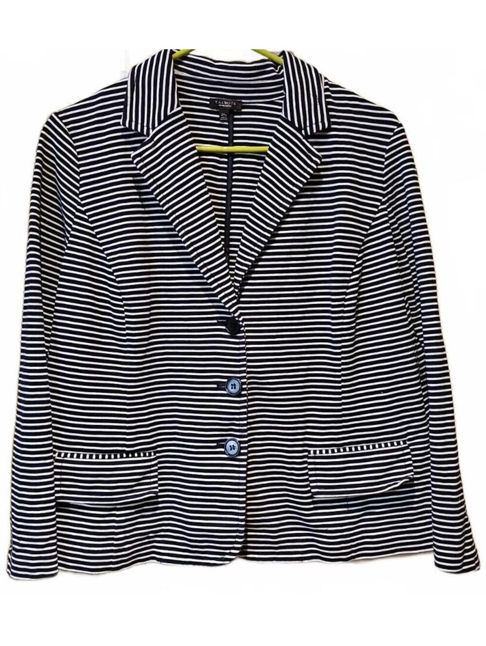 Talbots Women's Plus Size 2X Petite Soft Blazer Sweater Navy Blue White Striped